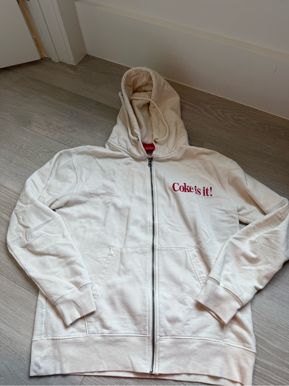 Coca-Cola white zip-up hoodie with red Coca-Cola Classic logo